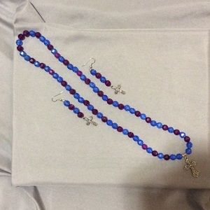 Unique purple, blue cross necklace and earring set