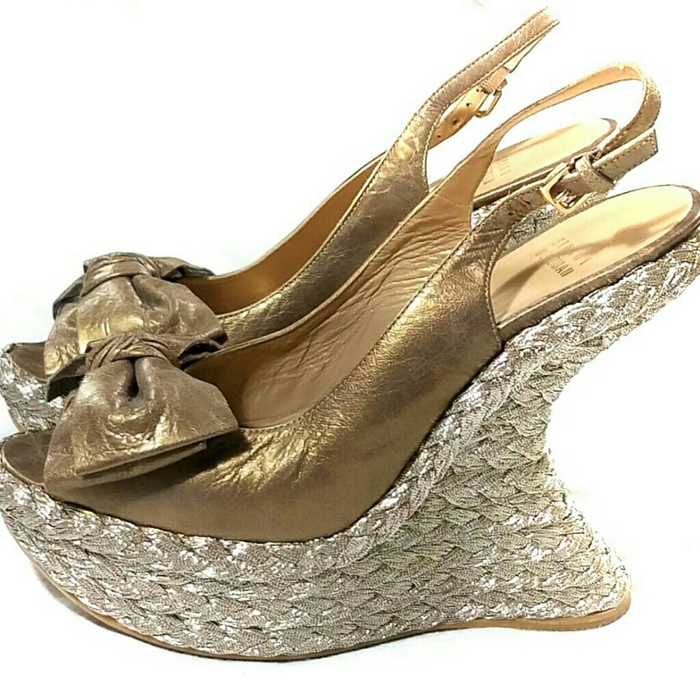 Stuart Weitzman Peep Toe Wedge Metallic Sandals