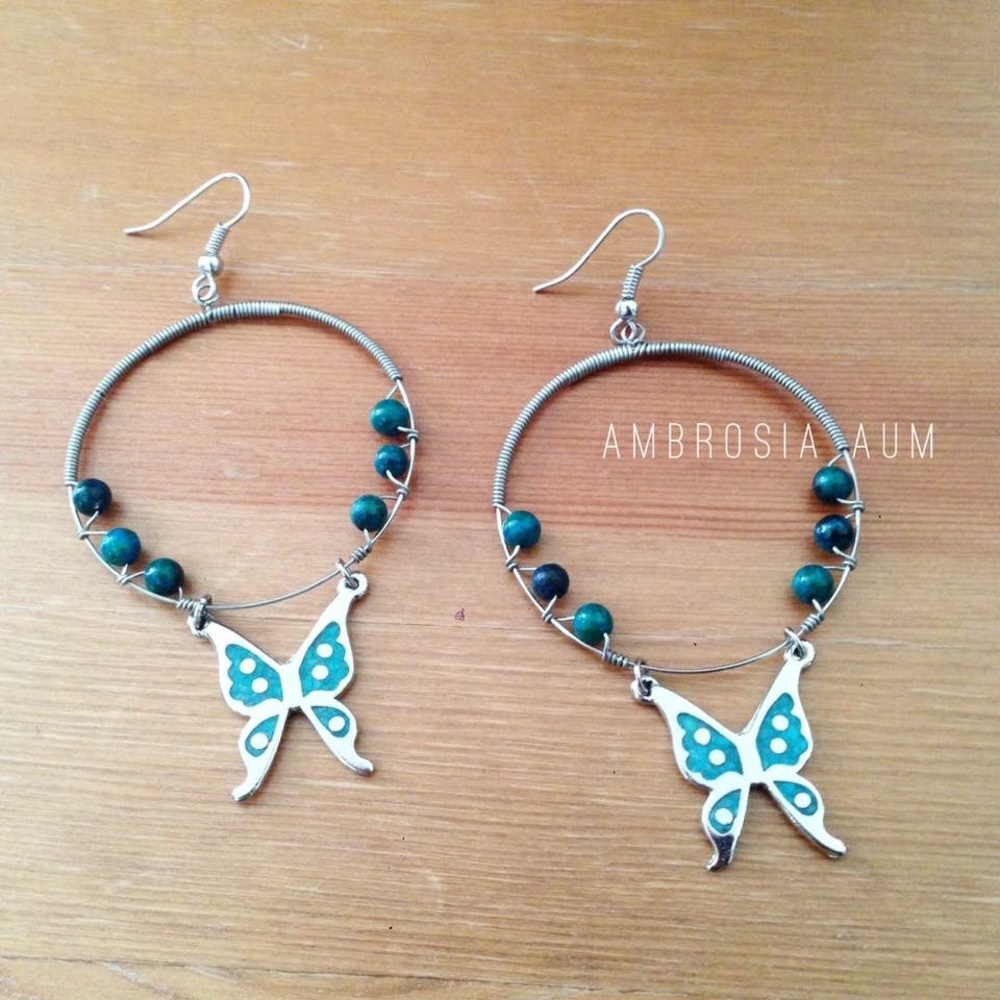 Hand-wrapped Turquoise Butterfly Hoops