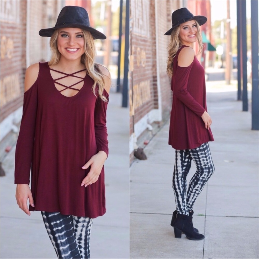 🆕Burgundy Tunic Crisscross Coldshoulder - Picture 1 of 3