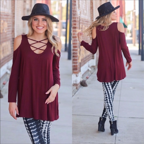 🆕Burgundy Tunic Crisscross Coldshoulder - Picture 2 of 3