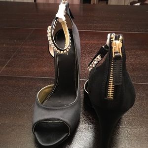 Nine West Black Satin Peep Toe Heels