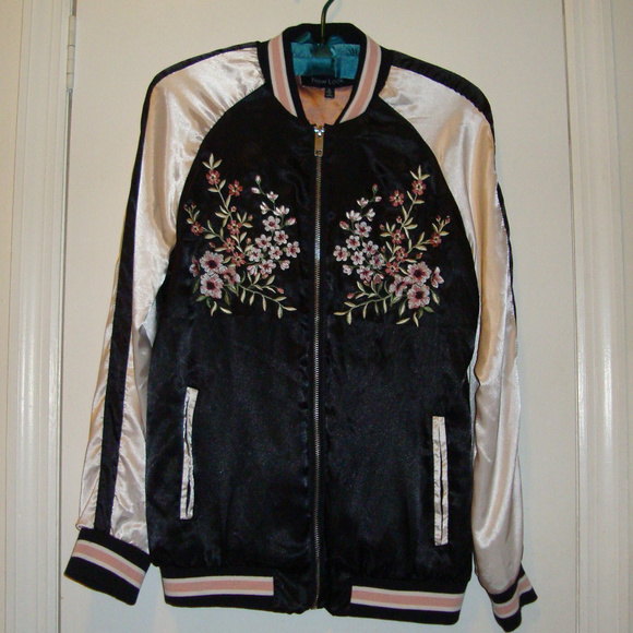 New Look Jackets & Blazers - Embroidered Floral Peacock Satin Bomber Jacket-