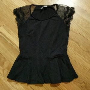 Black Peplum Top with Lace Cap Sleeves