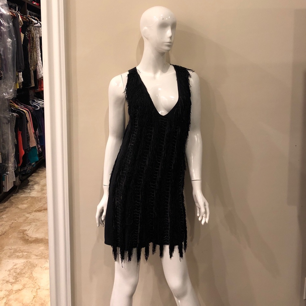 Black exotic fringed and chains short dress