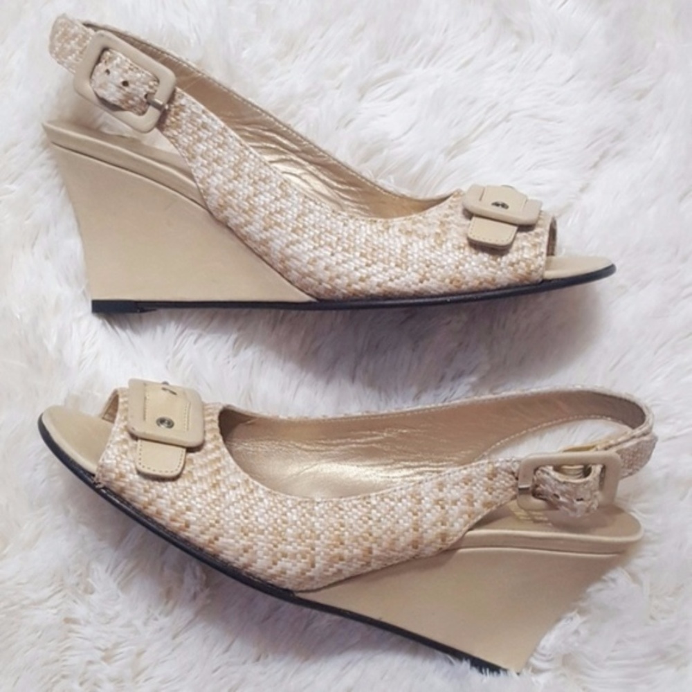 Stuart Weitzman Peep Toe Fabric Wedge Sandal