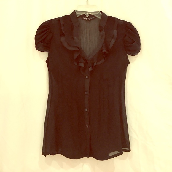 Takara Tops - Satin Ruffle Collared Blouse w/Capped Sleeves