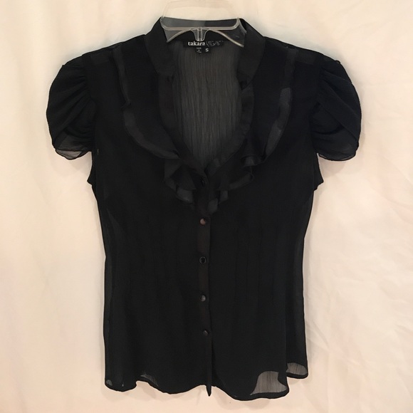 Satin Ruffle Collared Blouse w/Capped Sleeves - Picture 2 of 8