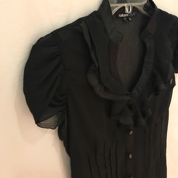 Satin Ruffle Collared Blouse w/Capped Sleeves - Picture 3 of 8