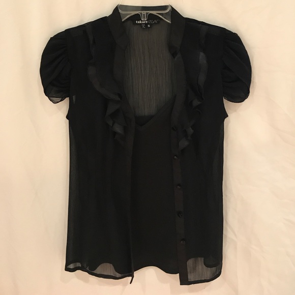 Satin Ruffle Collared Blouse w/Capped Sleeves - Picture 4 of 8