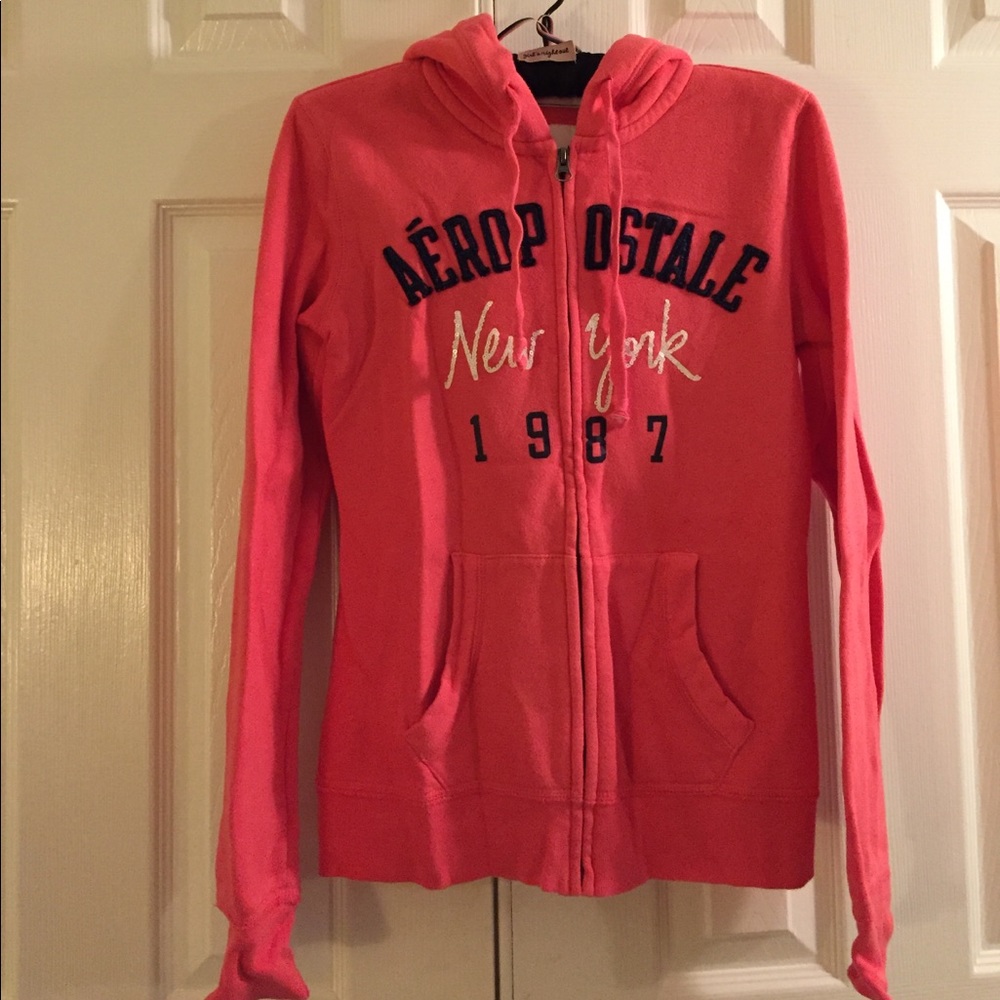 Pink Aeropostale zip up with navy & white writing