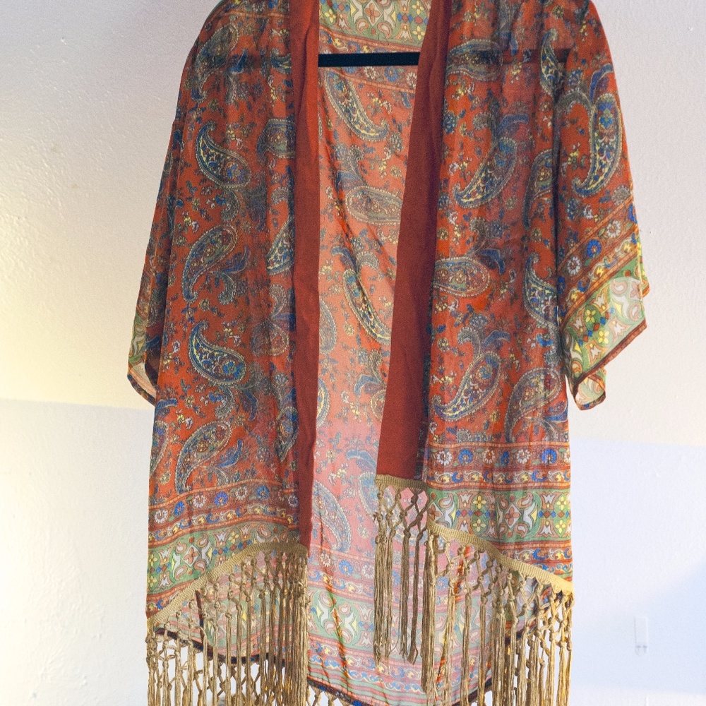 Orange Paisley Sheer Kimono Gold Fringe