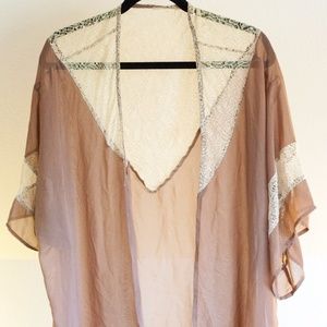 Sheer Dusty Pink/Beige Kimono with Lace Trim