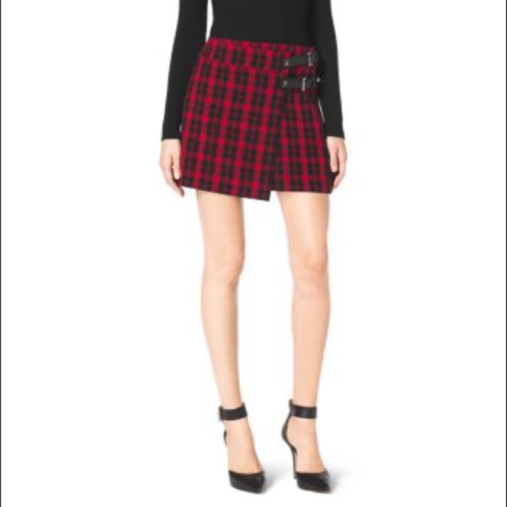 Michael Kors Plaid Buckle Wrap Skirt