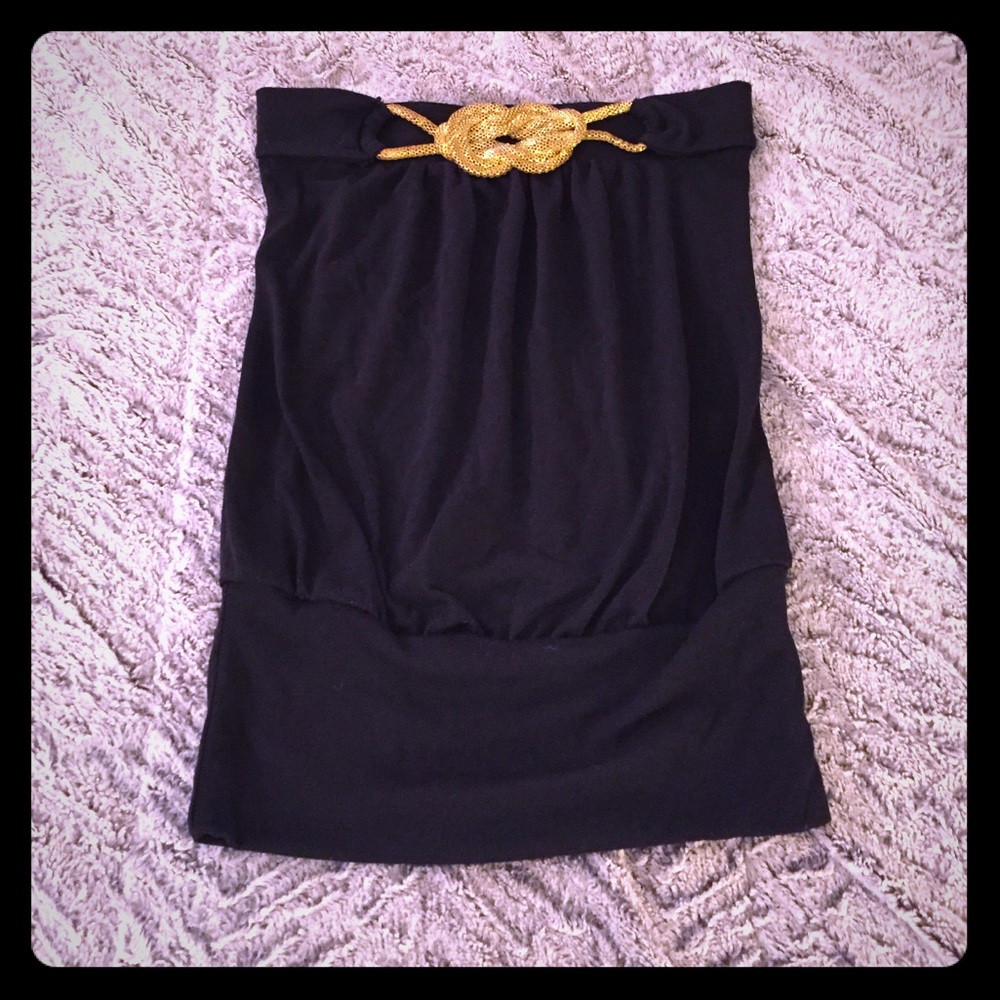 Black strapless top with gold embellishment
