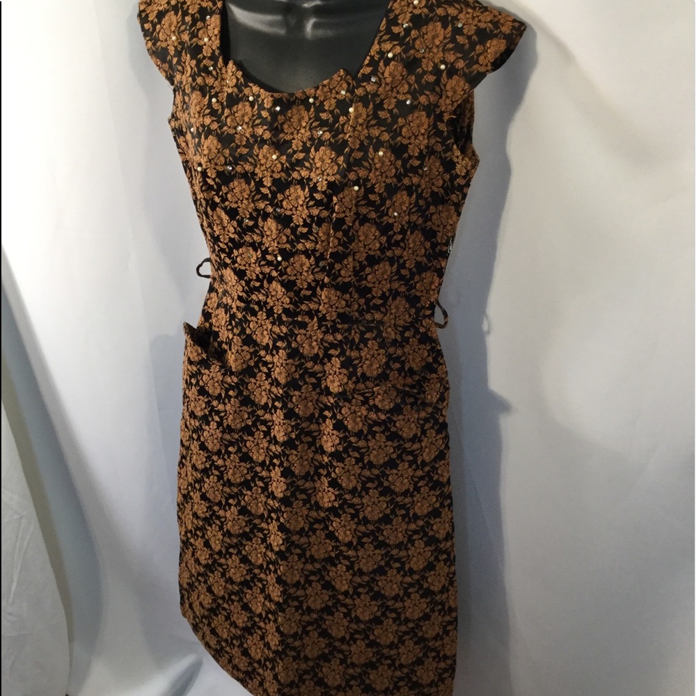 60s Wiggle Brocade Pearl Rhinestone Bead Bodice S
