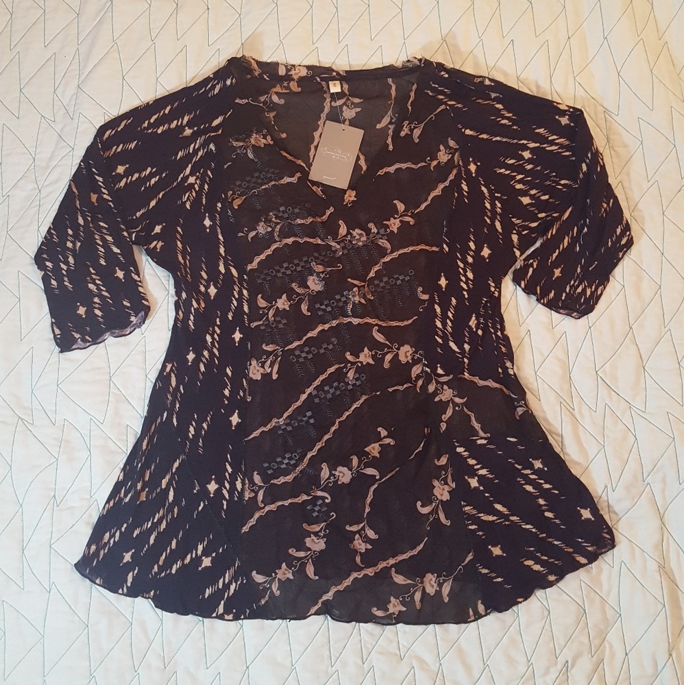 Anthropologie Brown Embroidered Top