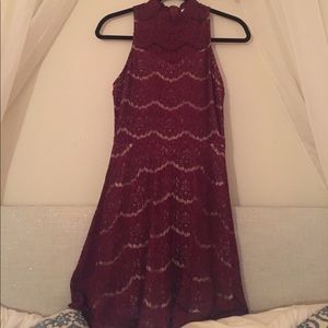 Burgundy lace mock turtleneck A line dress