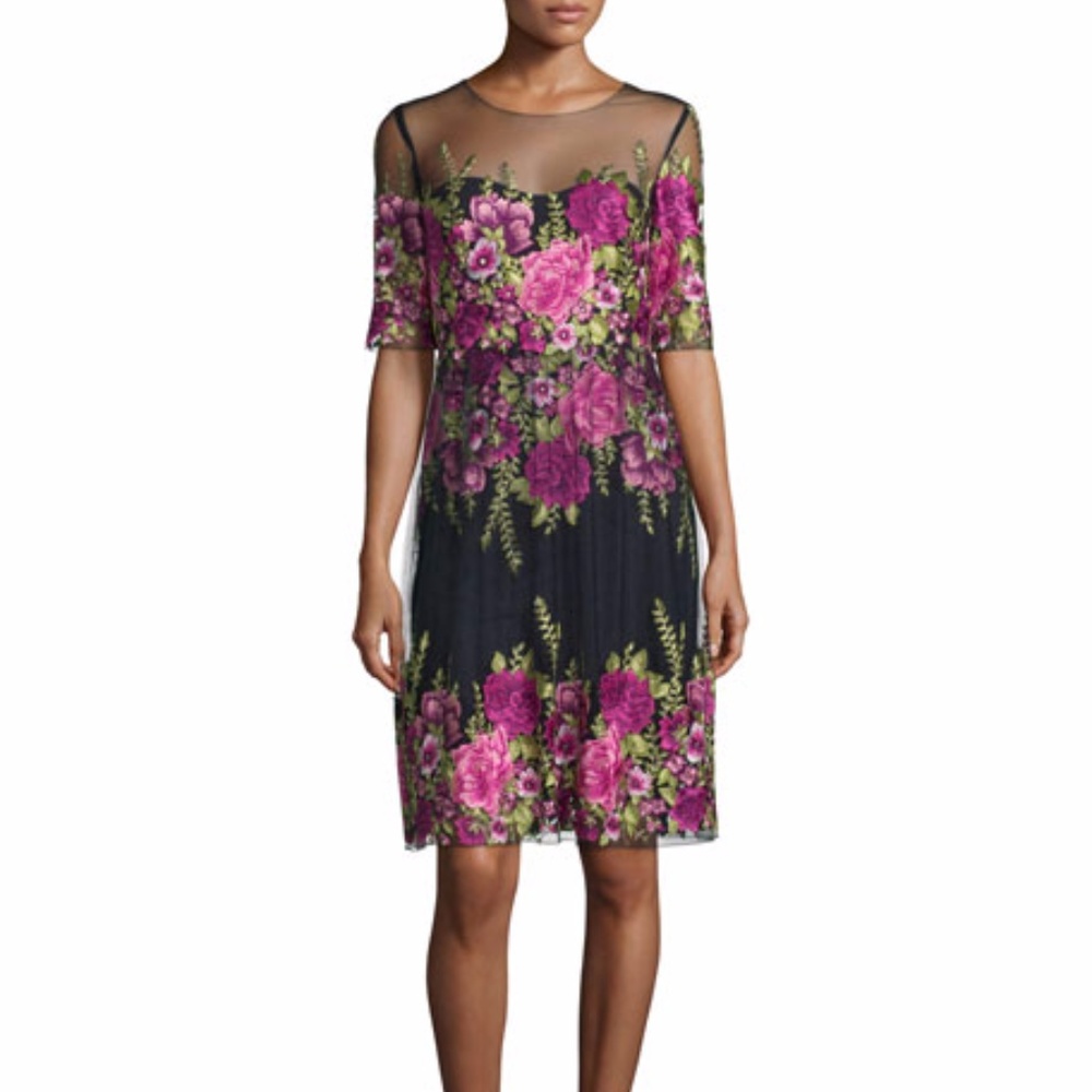 Marchesa Notte Floral-Embroidered Dress