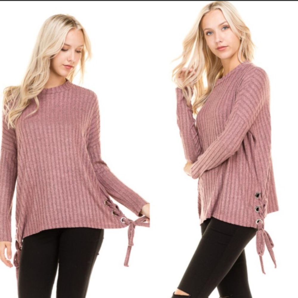 Softest Lace Up Sweater Dusty Mauve