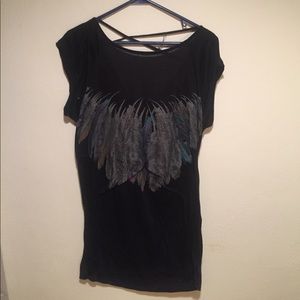 Black tunic with glitter feather print