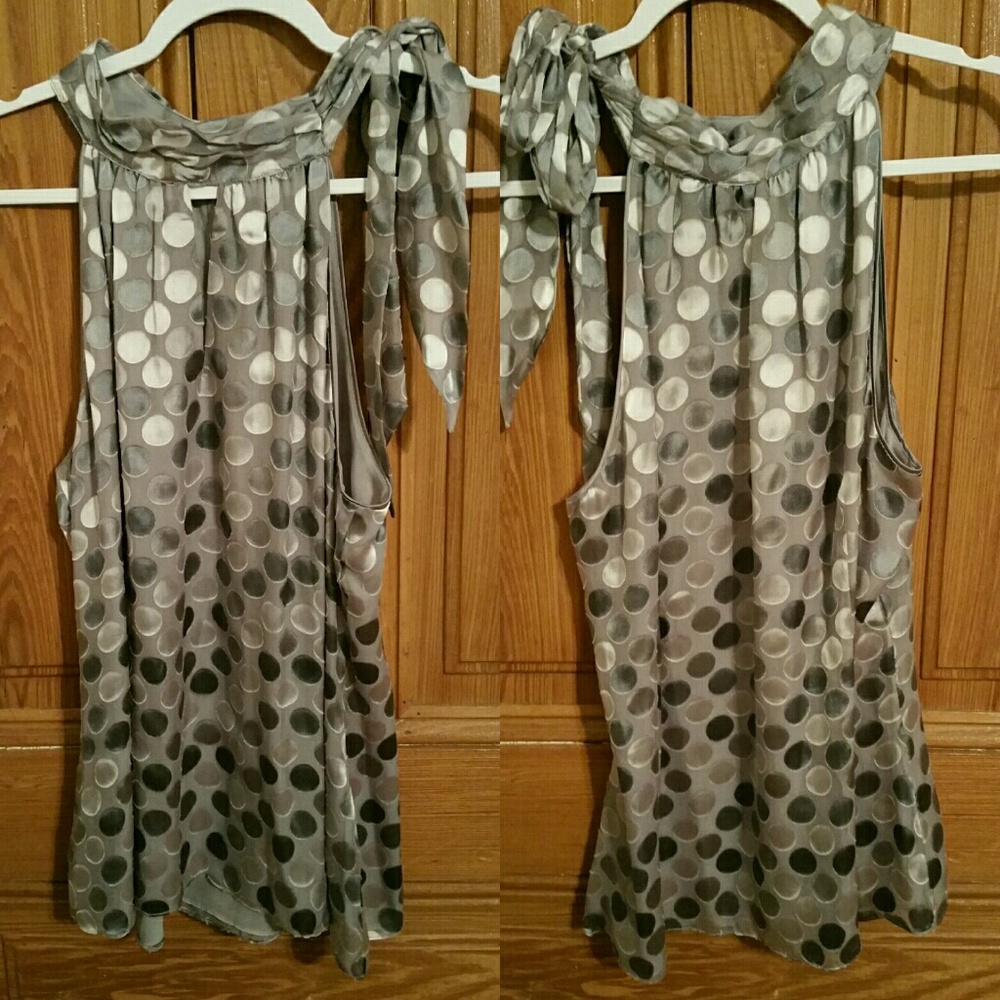 White House Black Market Silver Polka Dot Blouse.