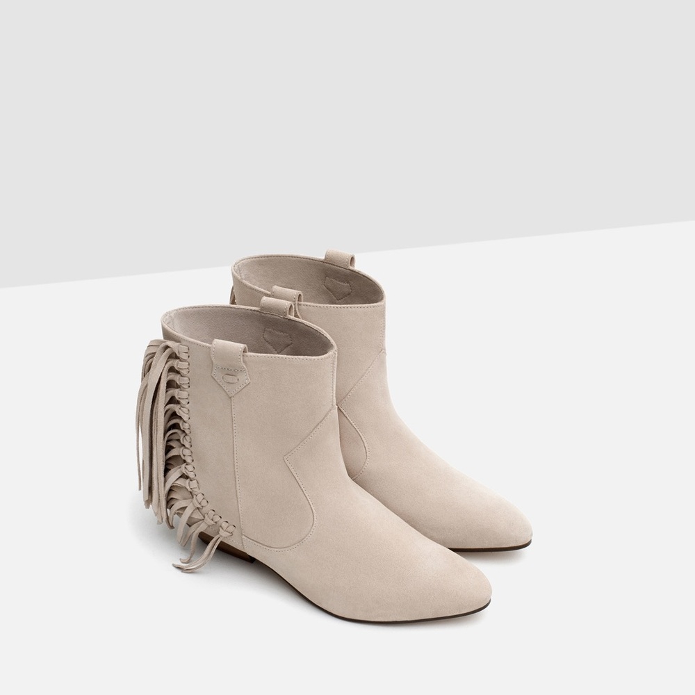 New Zara Ecru Fringe Booties