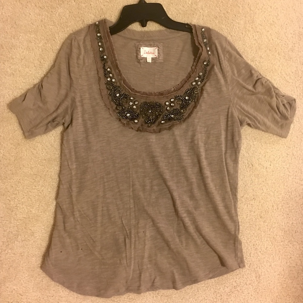 ***Anthro!!! Embellished collar, taupe T-shirt.