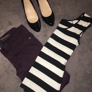 Express Black and White Striped Capped Sleeve Tee