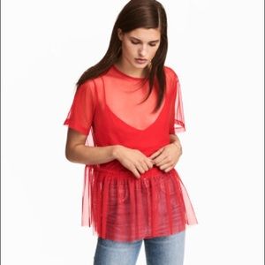 Red Mesh Peplum Top
