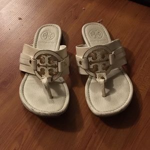 Tory Burch Amanda White/Gold Leather Logo Sandals