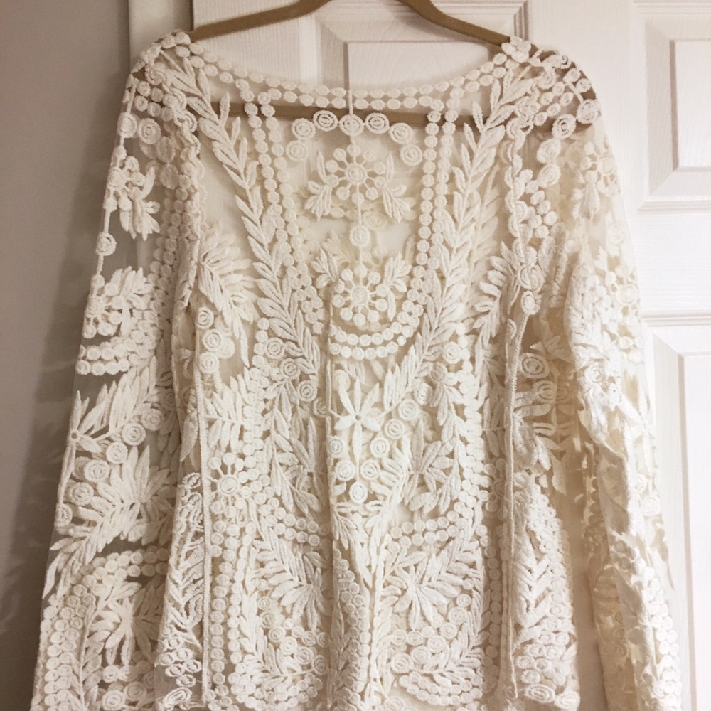 NBW - boho ivory lace pull overlay mesh top