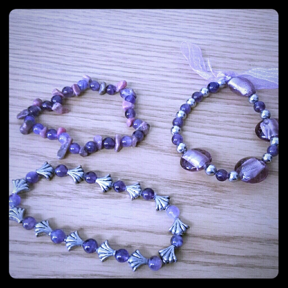Purple beaded and stone beaded bracelets (3)
