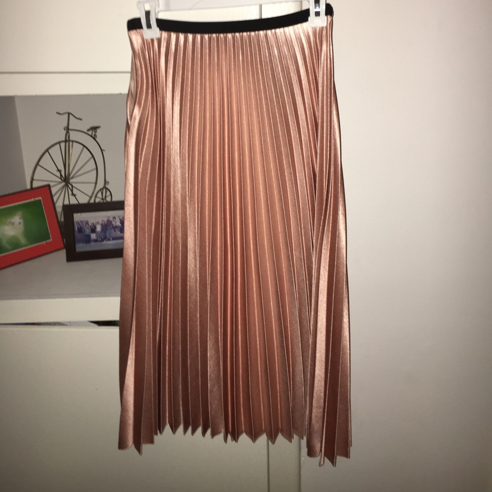 Zara Rose Gold Pleated Midi Skirt (XS)