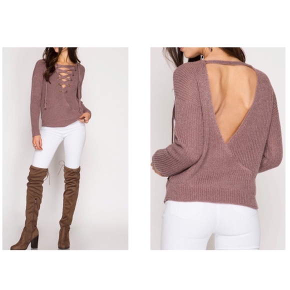 Angelique's Atelier Sweaters - ROSE MOCHA LACE UP SWEATER
