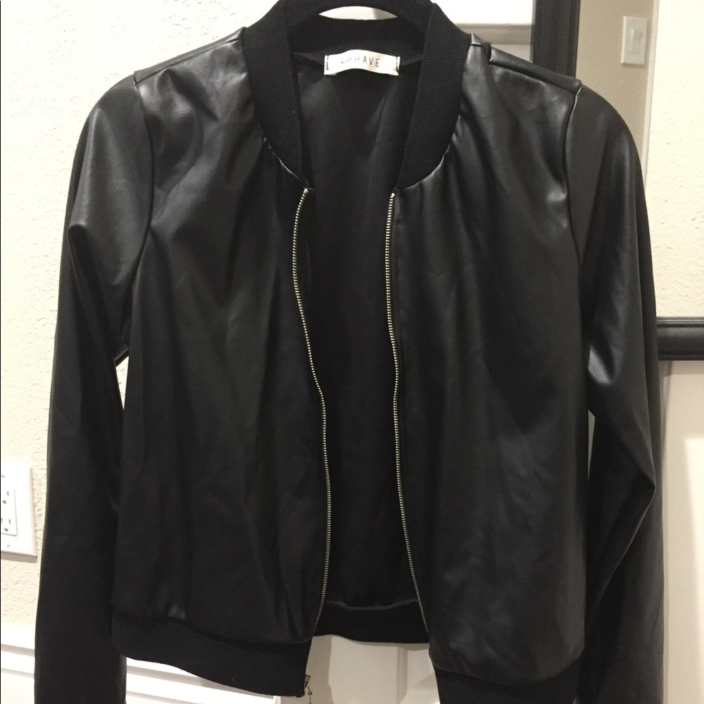 Black faux leather bomber jacket