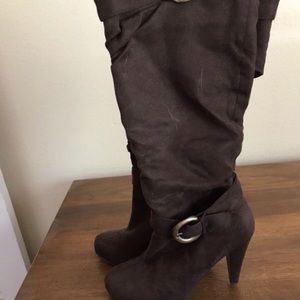 Brown heeled slouch boots