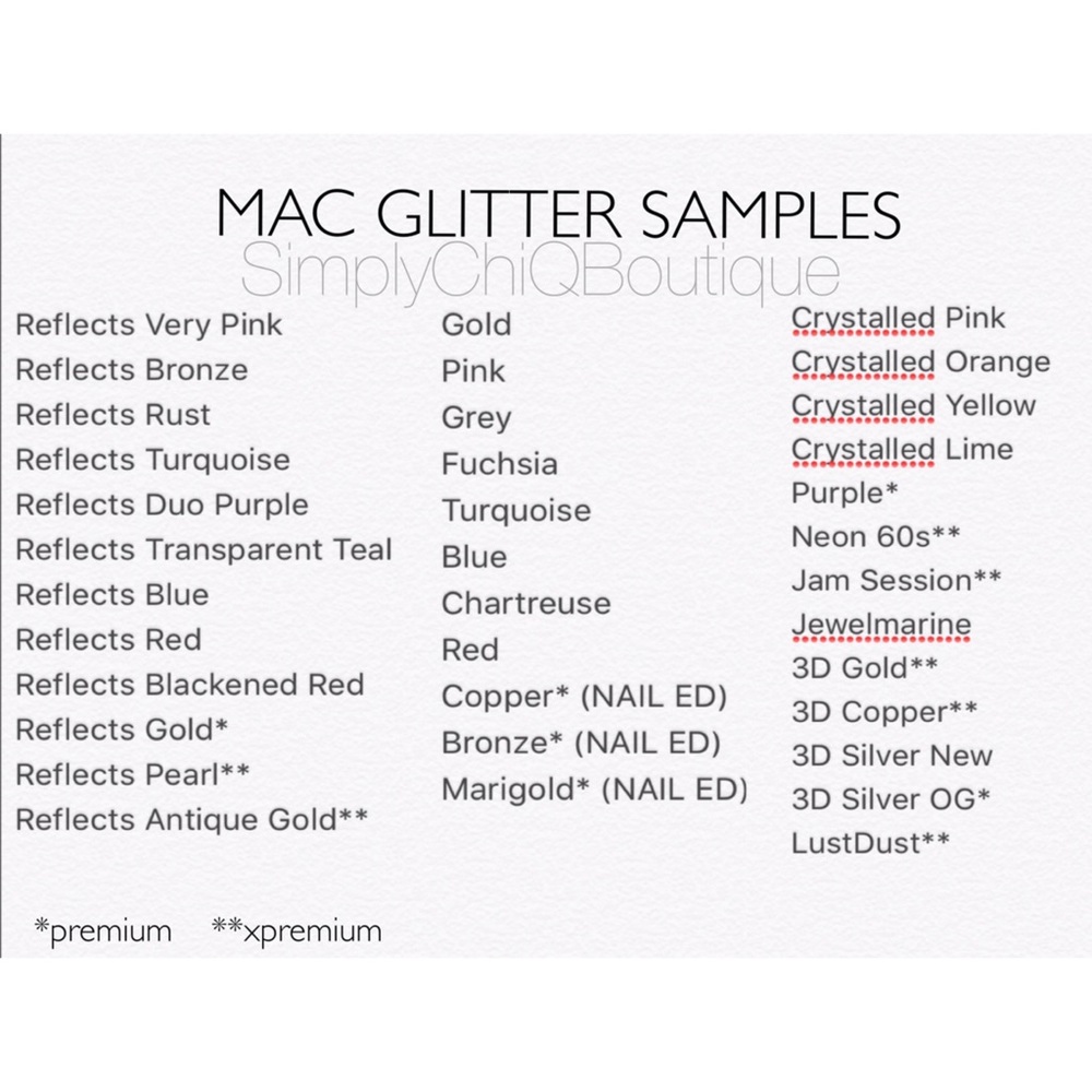 MAC PRO GLITTER Sample Inventory