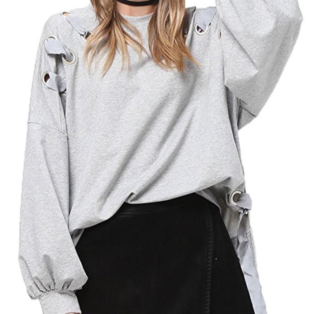 Very J Grey Laced Up Sweater