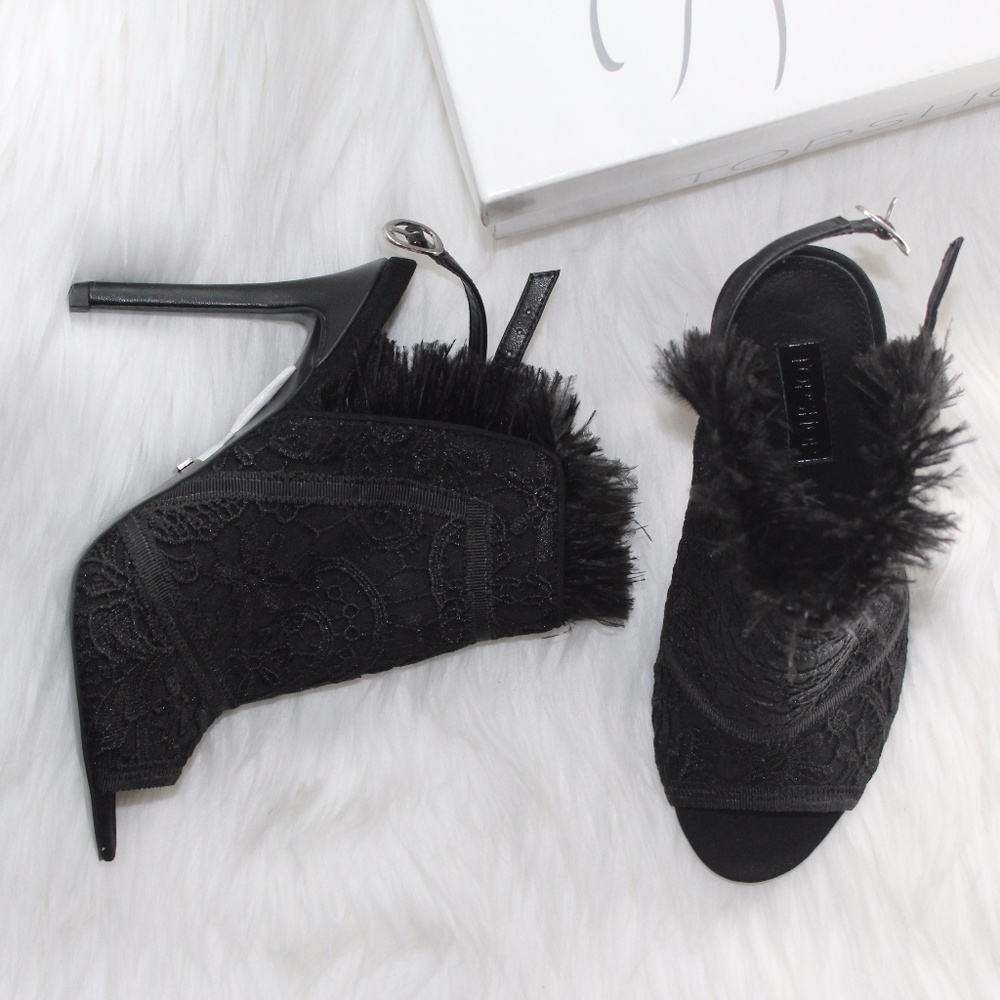 Topshop Black Feather Bootie Sandal Heels us7.5