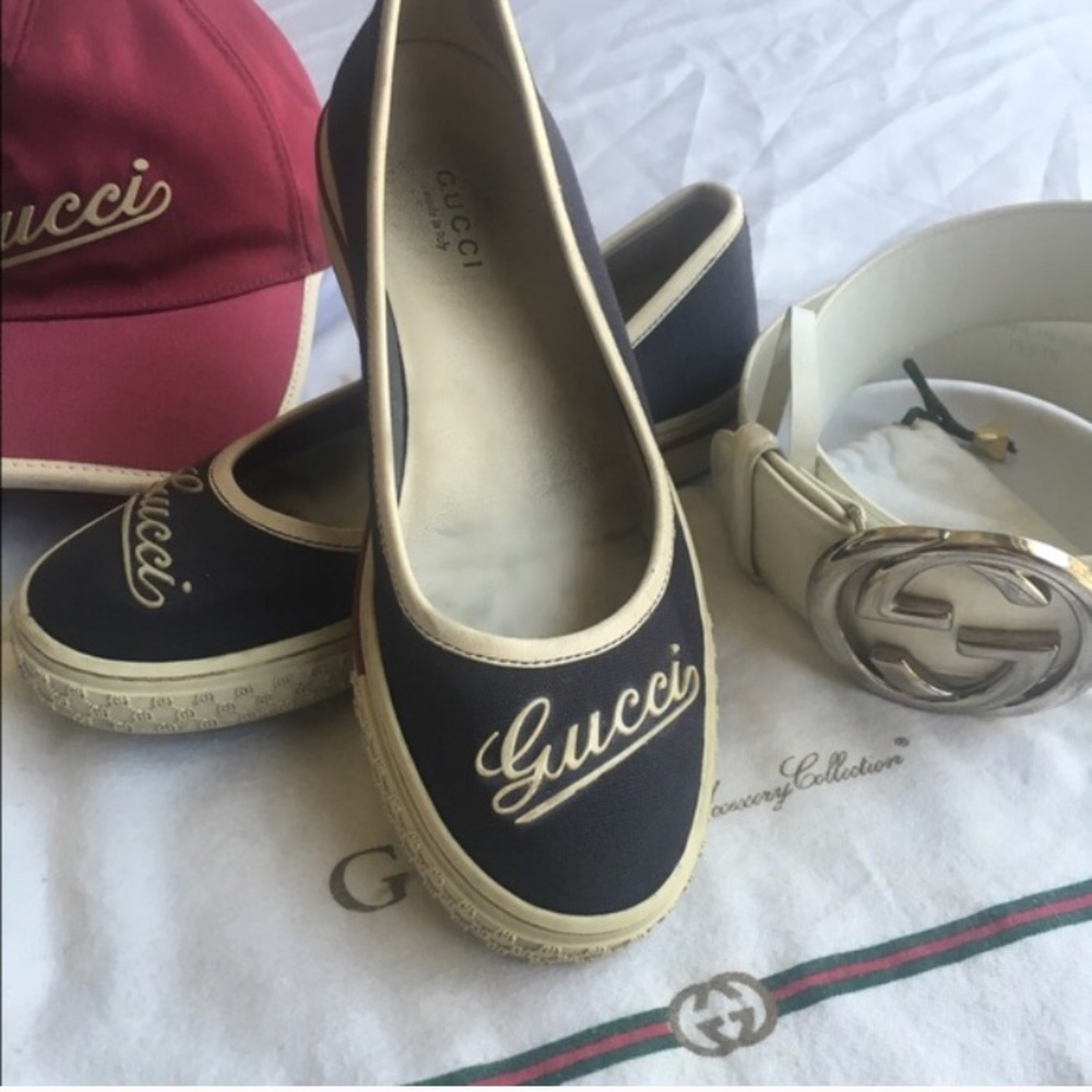 GUCCI Canvas SlipOn Navy Logo Shoes Size 35.5 - Picture 2 of 5
