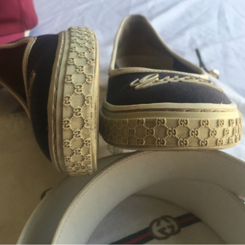 GUCCI Canvas SlipOn Navy Logo Shoes Size 35.5 - Picture 3 of 5