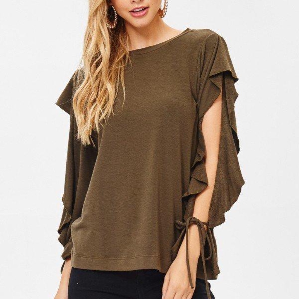 Charcoal French Terry Ruffle Open Sleeve w/ Ties