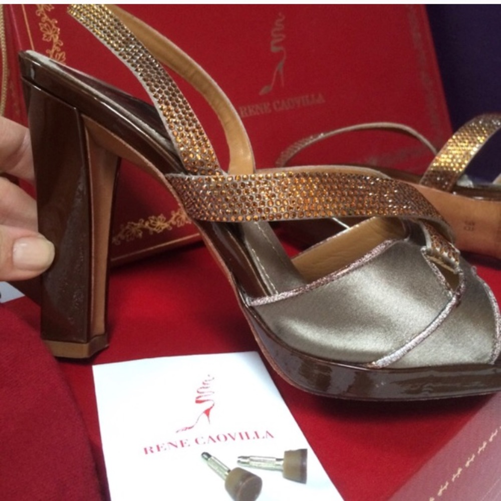 Rene Caovilla Swarovsky Gold Tone & Patent Platform 6 - Picture 2 of 4