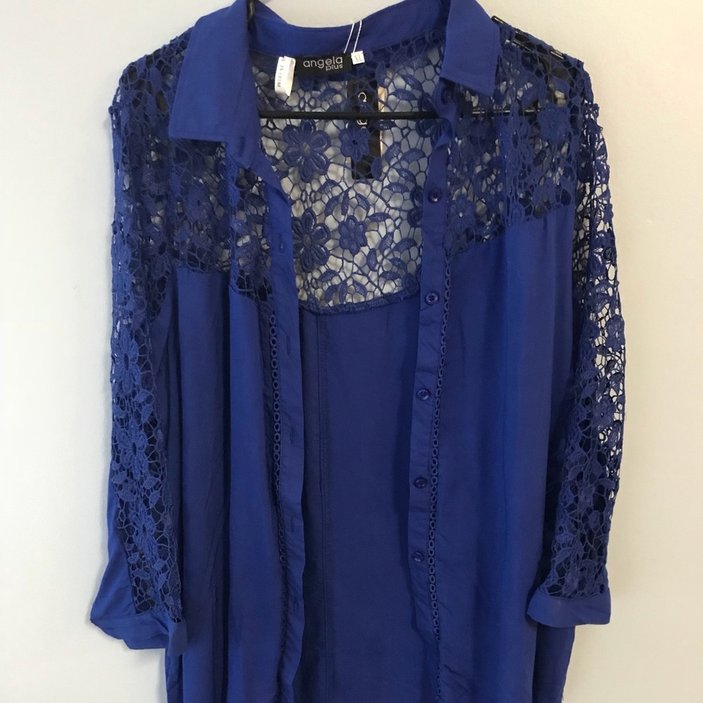 Blue lace button up long sleeve blouse