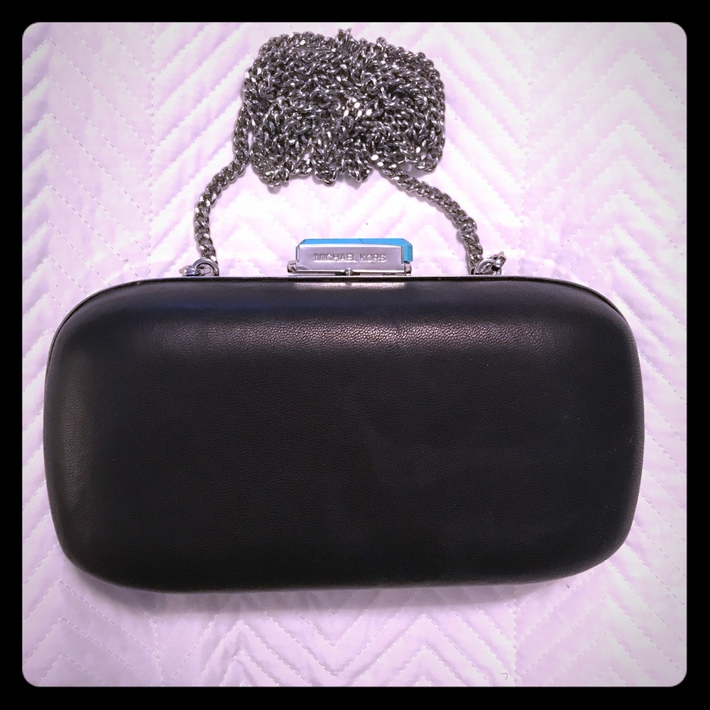 Michael Kors black leather clutch w/ silver chain