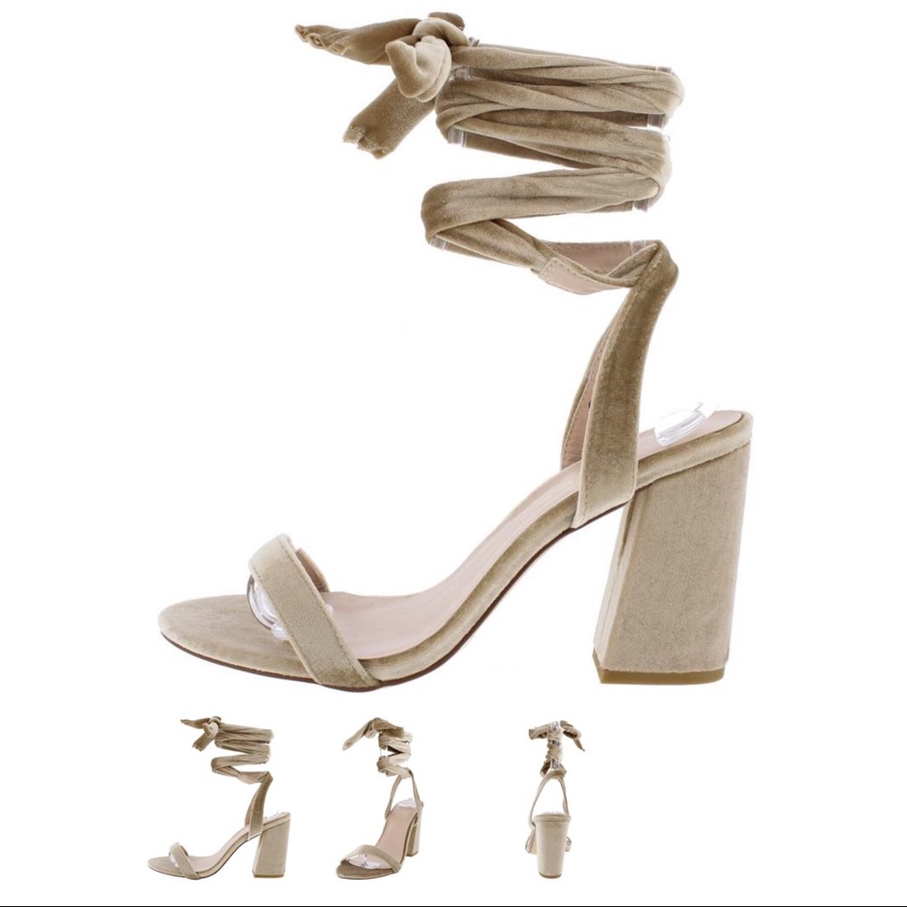 Velvet ankle wrap chunky heel