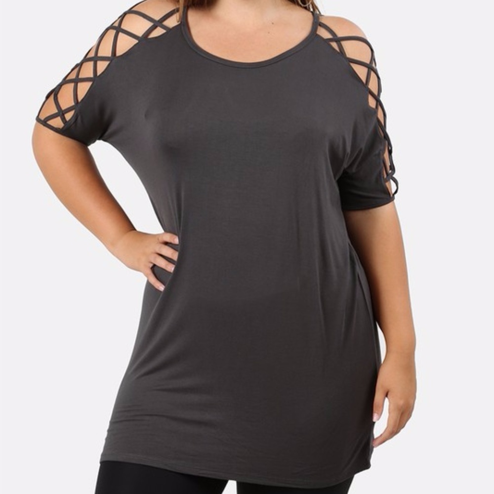 PLUS--Vickey Shoulder Ladder Detail Dolman Top - Picture 5 of 5