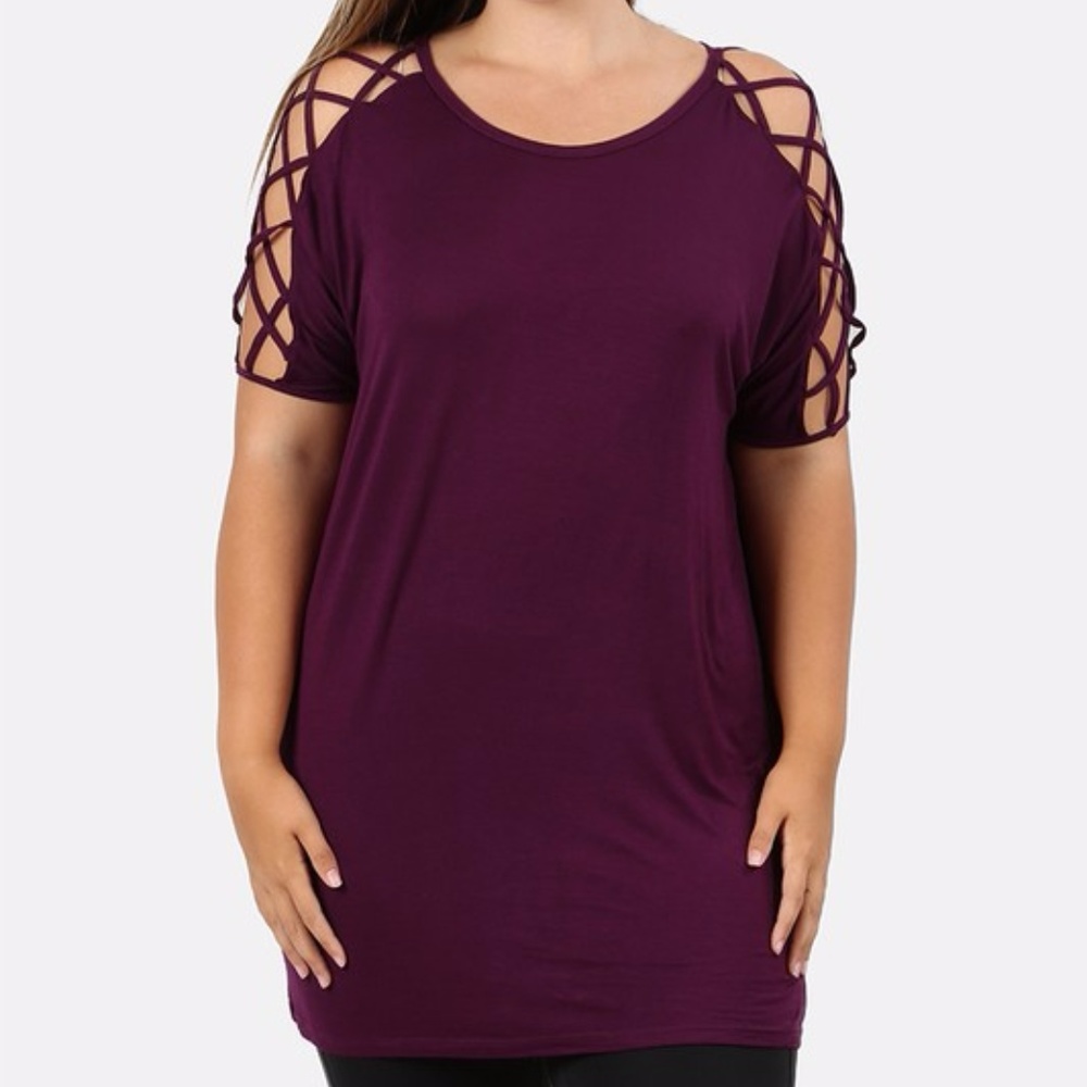 PLUS--Vickey Shoulder Ladder Detail Dolman Top - Picture 3 of 5