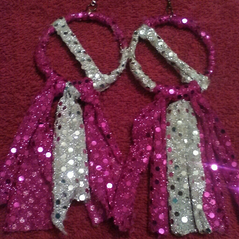 Pink and white sequin fabric hoop earrings